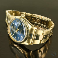 Rolex Oyster Perpetual Date 14K Gold - Blue Dial - Vintage Watch Specialist