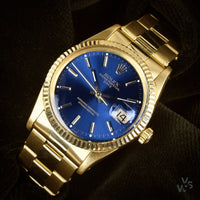 Rolex Oyster Perpetual Date 14K Gold - Blue Dial - Vintage Watch Specialist