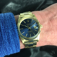 Rolex Oyster Perpetual Date 14K Gold - Blue Dial - Vintage Watch Specialist