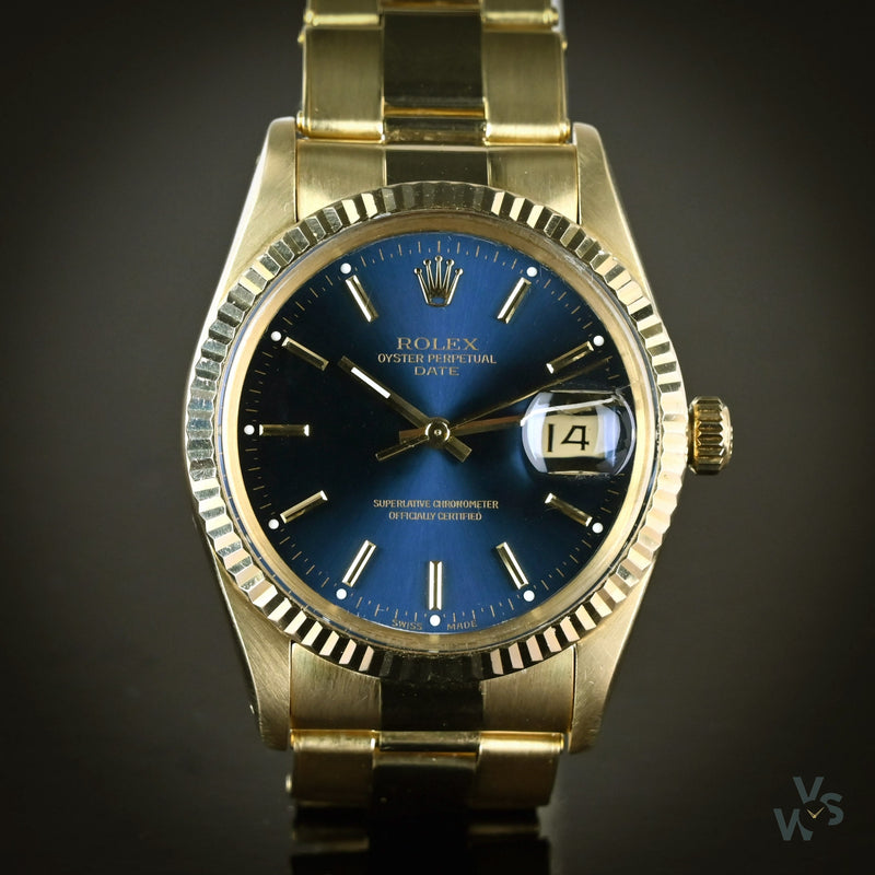 Rolex Oyster Perpetual Date 14K Gold - Blue Dial - Vintage Watch Specialist