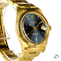 Rolex Oyster Perpetual Date 14K Gold - Blue Dial - Vintage Watch Specialist