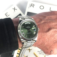 Rolex Oyster Perpetual White Gold Day-Date - Olive Green Dial - Model 228239 - Sold New in June 2019 - Box and Paperwork - Vintage Watch 