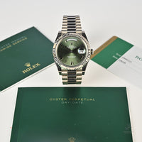 Rolex Oyster Perpetual White Gold Day-Date - Olive Green Dial - Model 228239 - Sold New in June 2019 - Box and Paperwork - Vintage Watch 