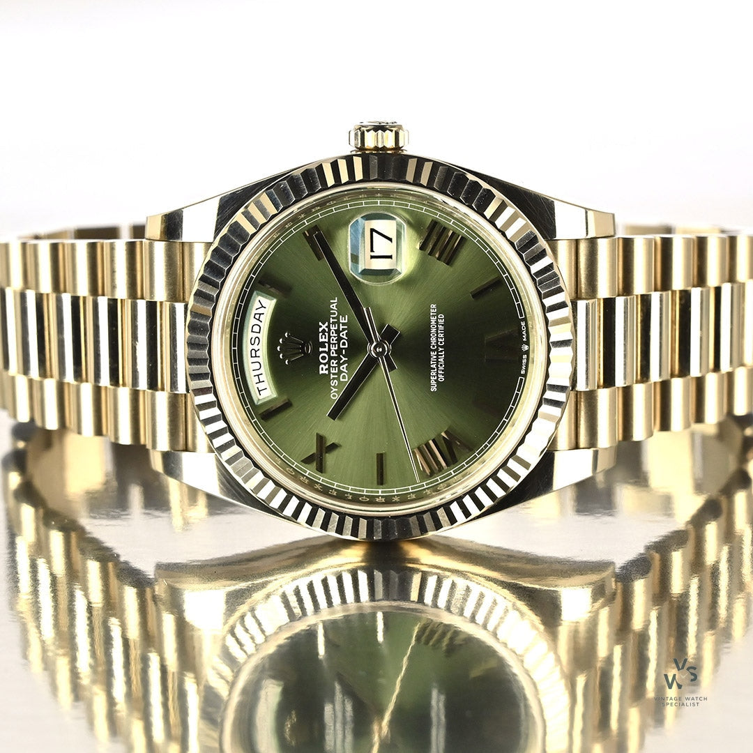 Rolex Oyster Perpetual White Gold Day Date Olive Green Dial Model Vintage Watch Specialist