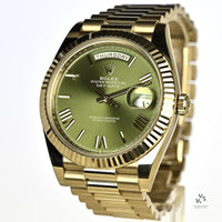 Rolex Oyster Perpetual White Gold Day-Date - Olive Green Dial - Model 228239 - Sold New in June 2019 - Box and Paperwork - Vintage Watch 