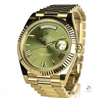 Rolex Oyster Perpetual White Gold Day-Date - Olive Green Dial - Model 228239 - Sold New in June 2019 - Box and Paperwork - Vintage Watch 