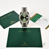 Rolex Oyster Perpetual White Gold Day-Date - Olive Green Dial - Model 228239 - Sold New in June 2019 - Box and Paperwork - Vintage Watch 