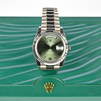 Rolex Oyster Perpetual White Gold Day-Date - Olive Green Dial - Model 228239 - Sold New in June 2019 - Box and Paperwork - Vintage Watch 