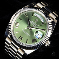 Rolex Oyster Perpetual White Gold Day-Date - Olive Green Dial - Model 228239 - Sold New in June 2019 - Box and Paperwork - Vintage Watch 