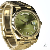 Rolex Oyster Perpetual White Gold Day-Date - Olive Green Dial - Model 228239 - Sold New in June 2019 - Box and Paperwork - Vintage Watch 