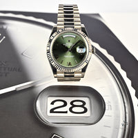 Rolex Oyster Perpetual White Gold Day-Date - Olive Green Dial - Model 228239 - Sold New in June 2019 - Box and Paperwork - Vintage Watch 