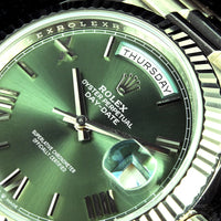 Rolex Oyster Perpetual White Gold Day-Date - Olive Green Dial - Model 228239 - Sold New in June 2019 - Box and Paperwork - Vintage Watch 