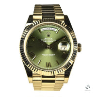 Rolex Oyster Perpetual White Gold Day-Date - Olive Green Dial - Model 228239 - Sold New in June 2019 - Box and Paperwork - Vintage Watch 