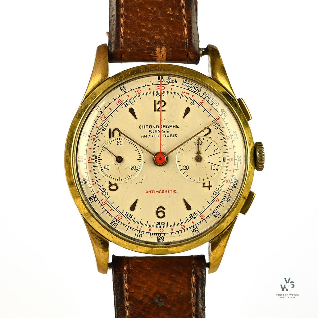 Vintage Chronographe Suisse Oversized Watch - Landeron 48 - Gold Plated - Vintage Watch Specialist