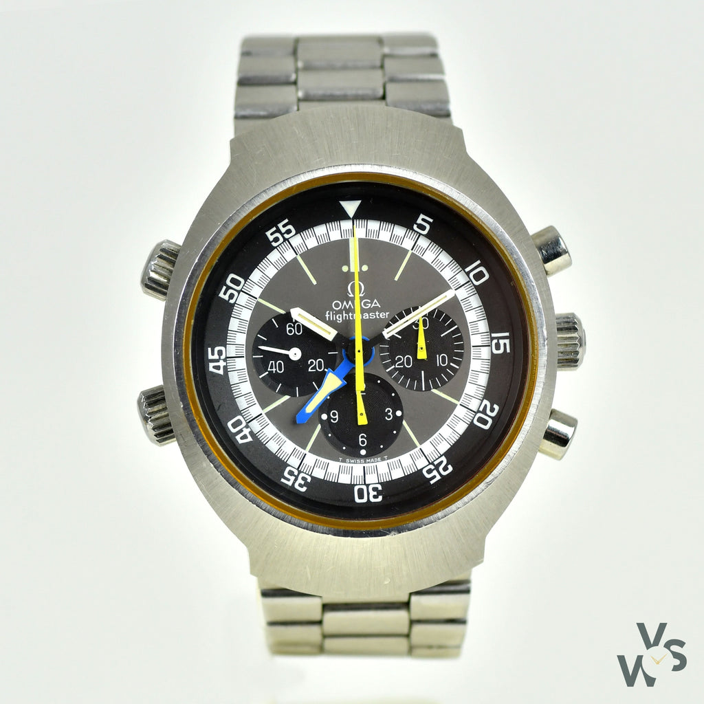 Vintage Gents Omega Flightmaster Chronograph GMT Watch with Yellow Hands - Ref. 145.036 - c.1975. - Vintage Watch Specialist